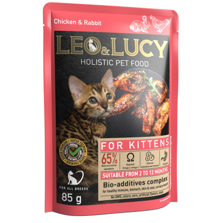 LEO&amp;LUCY влажный холистик корм для стерилизованных котят с кроликом и курицей, кусочки в соусе, в паучах - 85 г х 32 шт