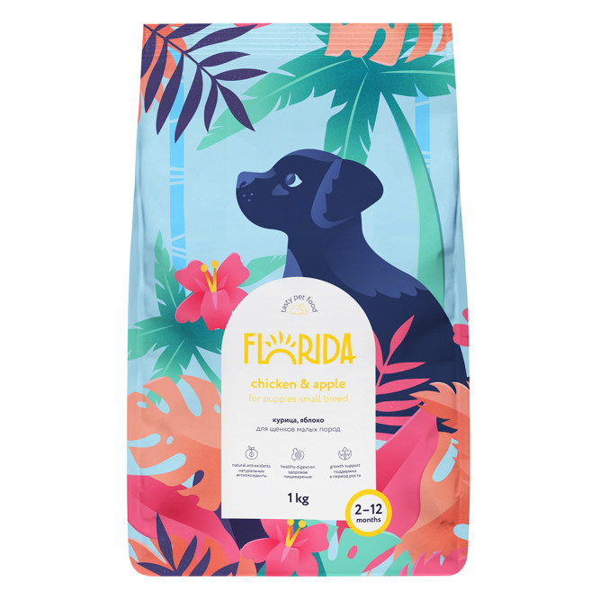 Florida сухой корм для щенков мелких пород, с курицей и яблоком - 1 кг