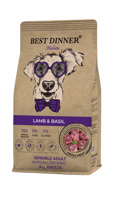 Best Dinner Holistic Adult Sensible Hypoallergenic Medium&amp;Maxi Lamb&amp;Basil сухой корм для взрослых собак крупных и средних пород с ягненком и базиликом - 12 кг