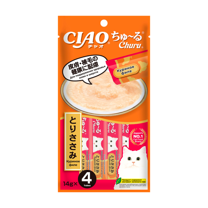 Inaba Ciao Churu лакомство-пюре для взрослых кошек для здоровья кожи и шерсти с куриным филе - 14 г х 4 шт