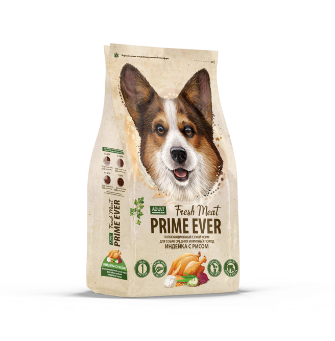 Prime Ever Fresh Meat Adult Dog Medium&amp;Maxi полнорационный сухой корм для взрослых собак средних и крупных пород с индейкой и рисом - 12 кг