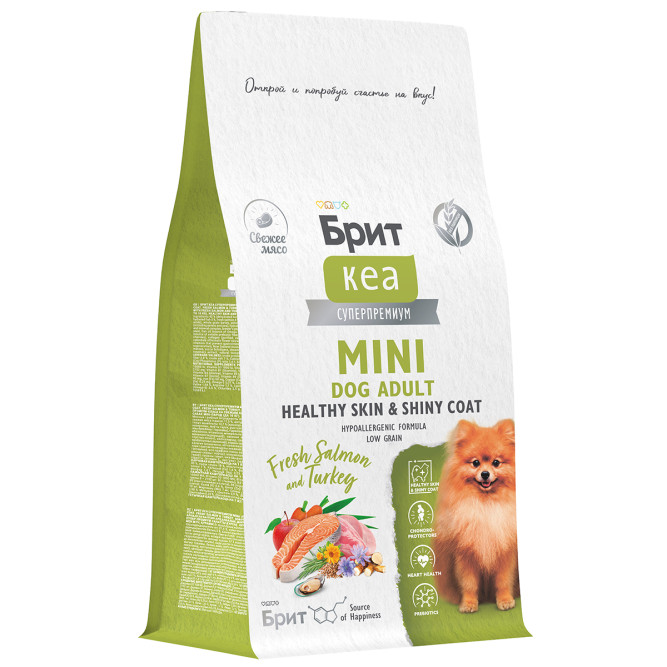 Брит Кеа Мини Dog Adult Healthy Skin&amp;Shiny Coat сухой корм для взрослых собак мини пород  для кожи и шерсти с лососем и индейкой - 400 г