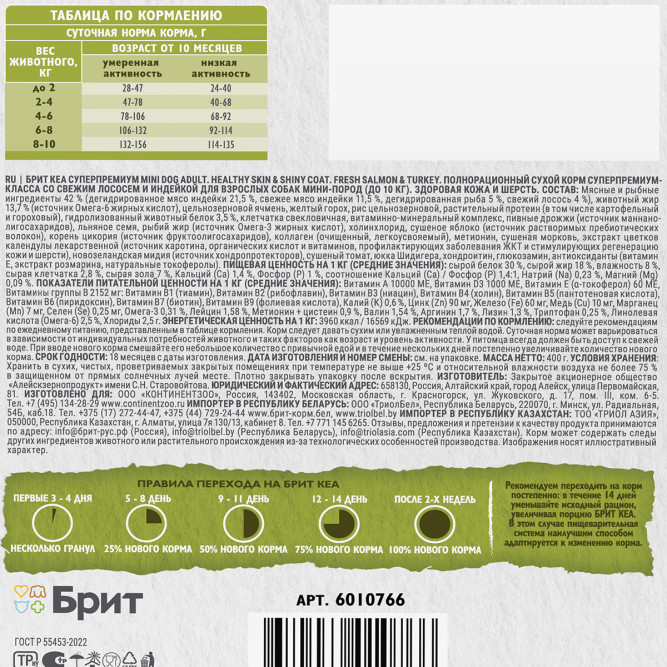 Брит Кеа Мини Dog Adult Healthy Skin&amp;Shiny Coat сухой корм для взрослых собак мини пород  для кожи и шерсти с лососем и индейкой - 400 г