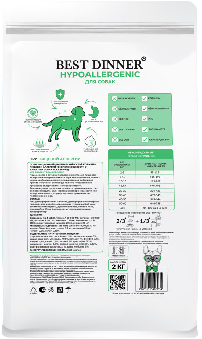 Best Dinner Vet Profi Hypoallergenic сухой корм для собак при пищевой аллергии и непереносимости - 2 кг
