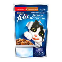 Паучи Felix Двойная вкуснятина для кошек аппетитные кусочки с говядиной и домашней птицей в желе - 85 г