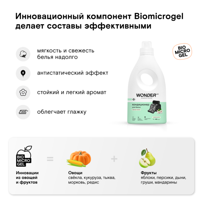 WONDER LAB кондиционер для белья, нежный хлопок - 1 л