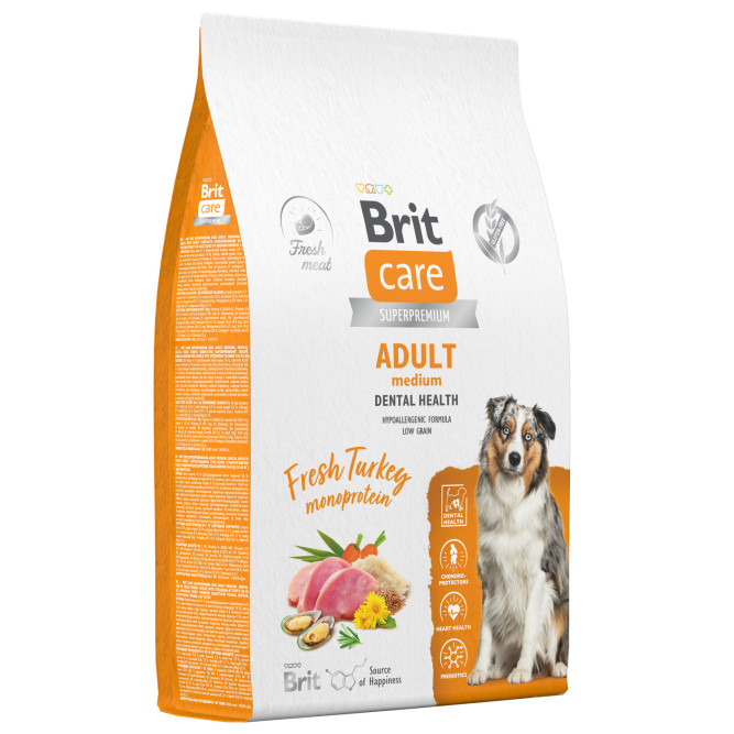 Брит Кеа Dog Adult M Dental Health сухой корм для взрослых собак средних пород для здоровья полости рта, с индейкой - 12 кг