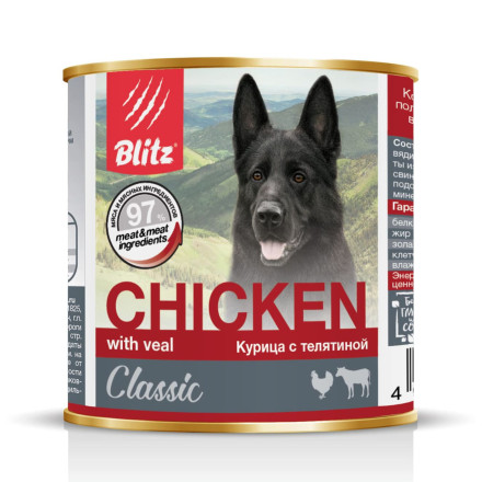 Blitz Classic Adult Dog влажный корм для взрослых собак, с курицей и телятиной в консервах - 750 г x 12 шт