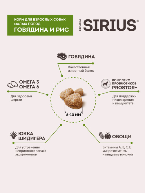 Sirius сухой корм для взрослых собак малых пород, с говядиной - 2 кг
