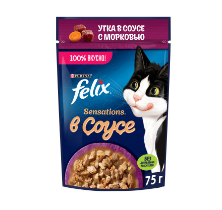 Felix Sensations влажный корм для взрослых кошек, утка с морковью в соусе, в паучах - 75 г х 26 шт