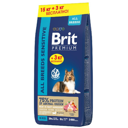 Brit Premium Dog Sensitive сухой корм для взрослых собак всех пород с чувствительным пищеварением с ягненком и индейкой - 15 кг (+ 3 кг в подарок)