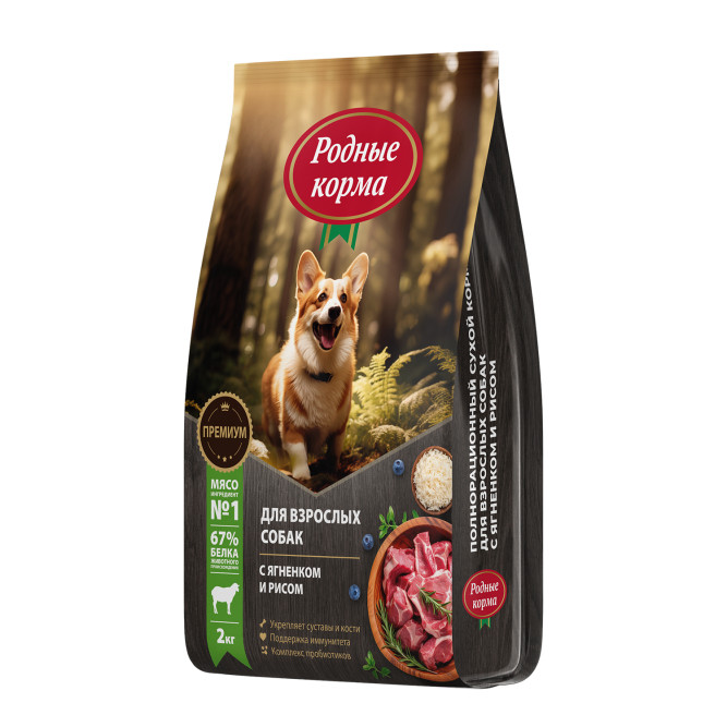 Родные корма сухой корм для взрослых собак с ягненком и рисом - 2 кг