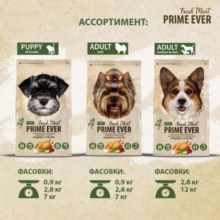 Prime Ever Fresh Meat Adult Dog Mini полнорационный сухой корм для взрослых собак мелких пород с индейкой и рисом - 900 г