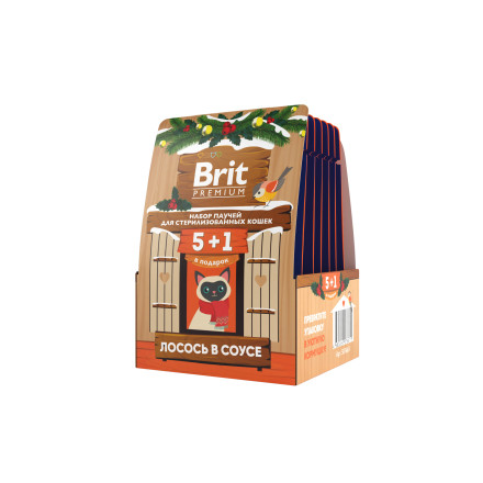 Brit Premium кормушка набор паучей для взрослых стерилизованных кошек с лососем, кусочки в соусе - 85 г х 5+1 шт