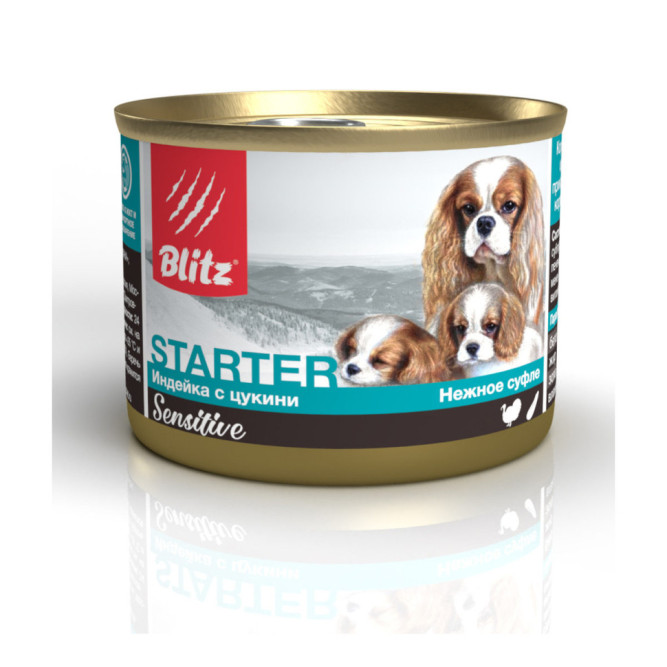 Blitz Sensitive Starter влажный корм для щенков, беременных и кормящих собак всех пород с чувствительным пищеварением с индейкой и цукини, в консервах - 200 г х 12 шт