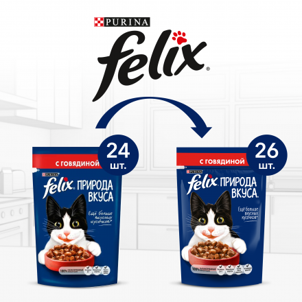 Паучи Felix Природа вкуса для взрослых кошек с говядиной в соусе - 85 г х 26 шт