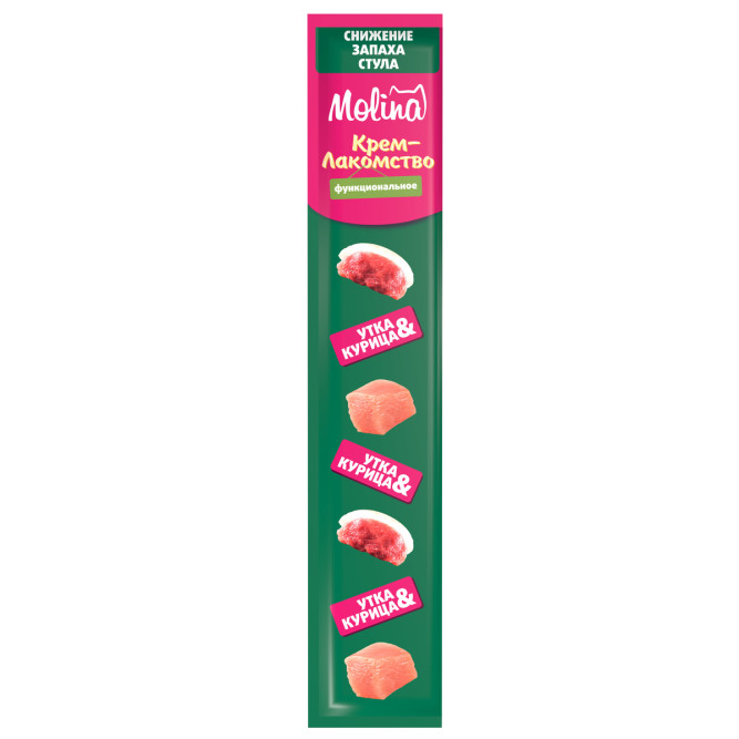 Molina Odor Reduction функциональное крем-лакомство для взрослых кошек и котят, для уменьшения запаха фекалий, с уткой и курицей - 48 г