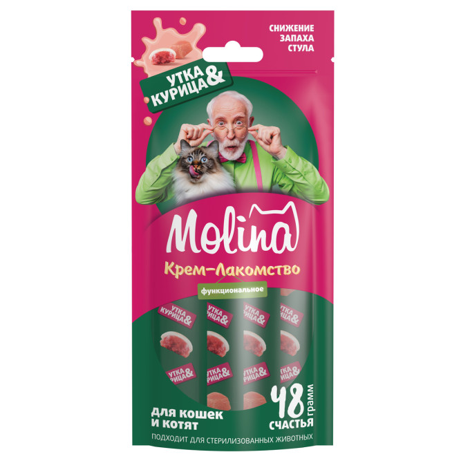 Molina Odor Reduction функциональное крем-лакомство для взрослых кошек и котят, для уменьшения запаха фекалий, с уткой и курицей - 48 г
