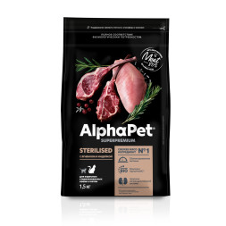 AlphaPet Superpremium сухой полнорационный корм для взрослых стерилизованных кошек и котов с ягненком и индейкой - 1,5 кг