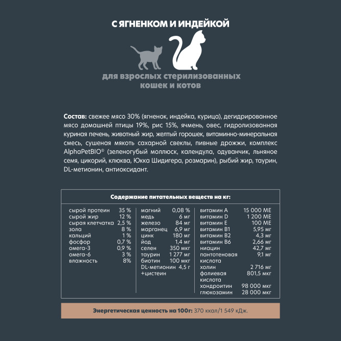AlphaPet Superpremium сухой полнорационный корм для взрослых стерилизованных кошек и котов с ягненком и индейкой - 1,5 кг