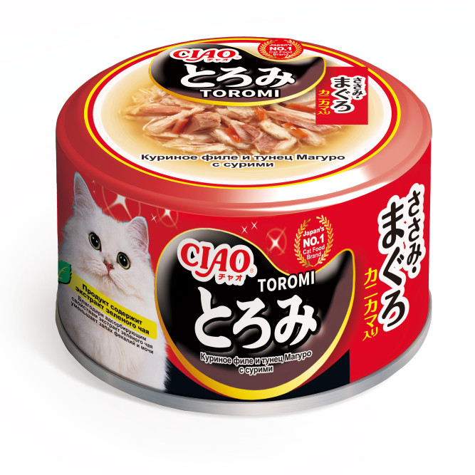 Inaba Ciao Toromi влажный дополнительный корм для взрослых кошек с куриным филе, тунцом Магуро и сурими в бульоне, в консервах - 80 г х 24 шт