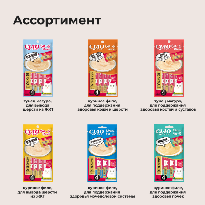 Inaba Ciao Churu лакомство-пюре для взрослых кошек для здоровья почек с куриным филе - 14 г х 4 шт