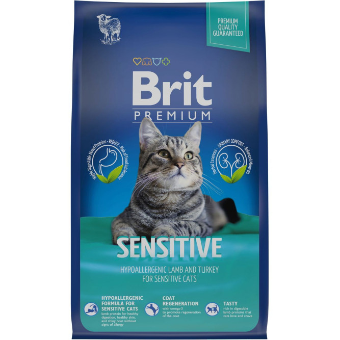 Брит Премиум Cat Sensitive сухой корм для взрослых кошек с чувствительным пищеварением с ягненком и индейкой - 800 г