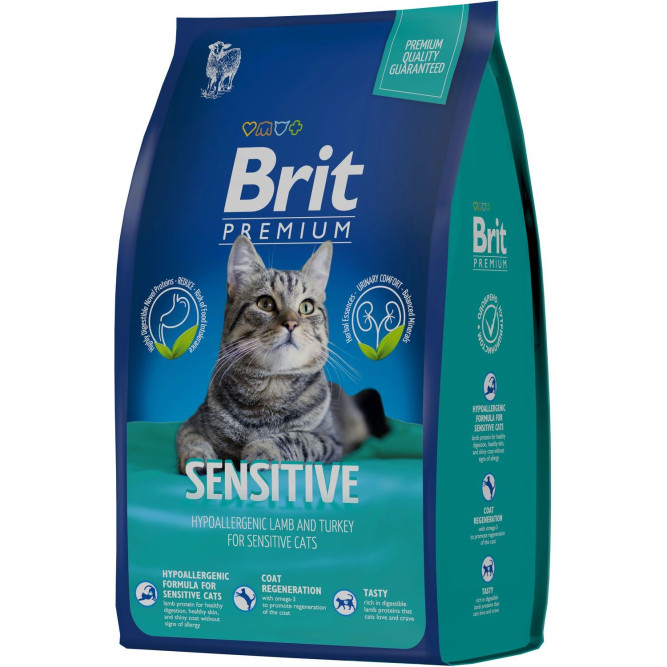 Брит Премиум Cat Sensitive сухой корм для взрослых кошек с чувствительным пищеварением с ягненком и индейкой - 800 г