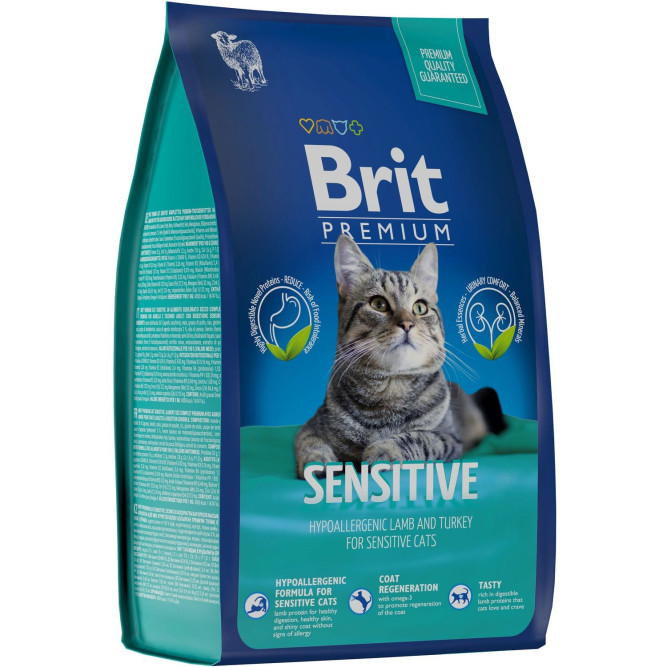 Брит Премиум Cat Sensitive сухой корм для взрослых кошек с чувствительным пищеварением с ягненком и индейкой - 800 г