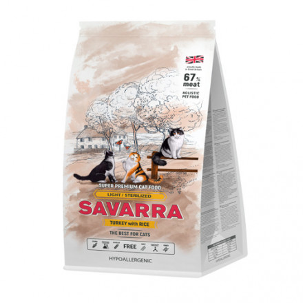Savarra Light Adult Cat сухой корм для взрослых кошек с избыточным весом и стерилизованных с индейкой и рисом - 2 кг
