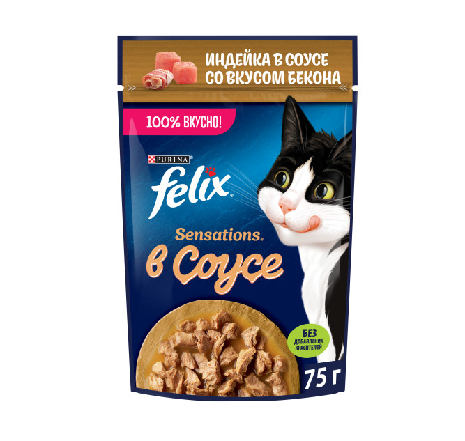 Felix Sensations влажный корм для взрослых кошек, индейка с беконом в соусе, в паучах - 75 г х 26 шт