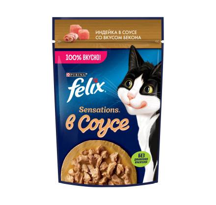 Felix Sensations влажный корм для взрослых кошек, индейка с беконом в соусе, в паучах - 75 г х 26 шт