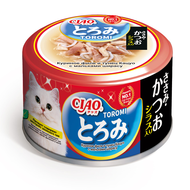 Inaba Ciao Toromi влажный дополнительный корм для взрослых кошек с куриным филе, тунцом Кацуо и мальками ширасу в бульоне, в консервах - 80 г х 24 шт