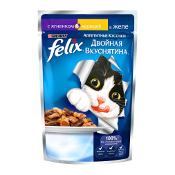 Паучи Felix Двойная вкуснятина для кошек аппетитные кусочки с ягненком и курицей в желе - 85 г
