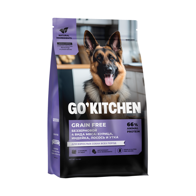 Go' Kitchen GRAIN FREE ADULT 4 Meat Recipe сухой беззерновой корм для взрослых собак всех пород с курицей, индейкой, лососем и уткой - 400 г