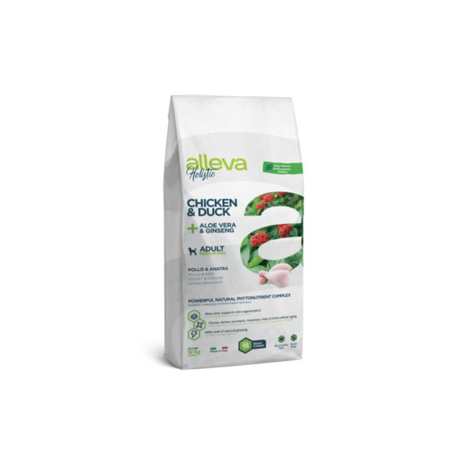 Alleva Holistic Adult Chicken &amp; Duck Medium сухой корм для взрослых собак с курицей и уткой, алое вера и женьшенем - 12 кг