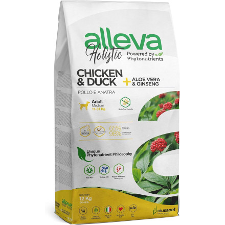 Alleva Holistic Adult Chicken &amp; Duck Medium сухой корм для взрослых собак с курицей и уткой, алое вера и женьшенем - 12 кг