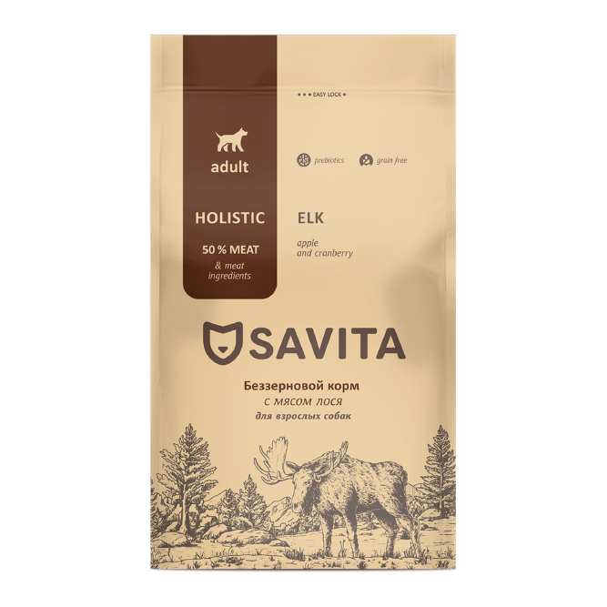 Savita сухой беззерновой корм для взрослых собак всех пород с мясом лося - 4 кг