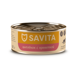 Savita влажный корм для взрослых кошек и котят с цыпленком и креветкой, в консервах - 100 г x 12 шт