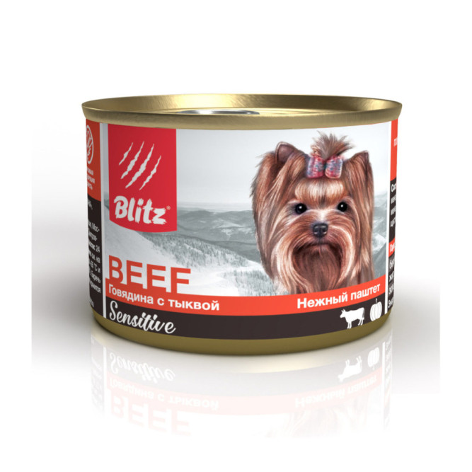 Blitz Sensitive влажный корм для собак мелких пород всех возрастов с чувствительным пищеварением с говядиной и тыквой, в консервах - 200 г х 12 шт