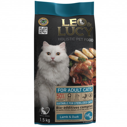 LEO&amp;LUCY cухой холистик корм для взрослых стерилизованных кошек с ягненком и уткой  - 1,5 кг