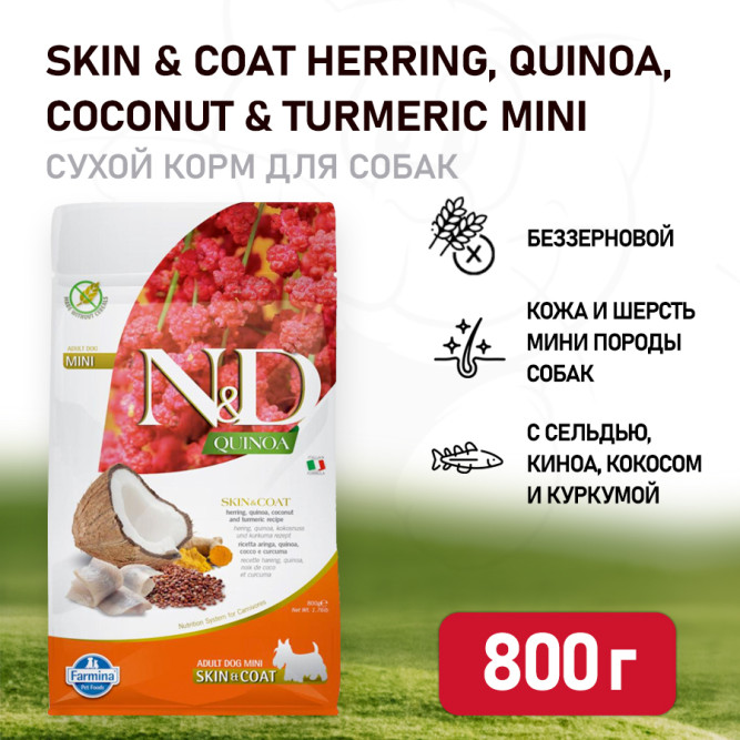Farmina N&amp;D Dog GF Quinoa Skin&amp;Coat Herring Mini сухой корм для взрослых собак мелких пород для ухода за кожей и шерстью, с сельдью - 800 г