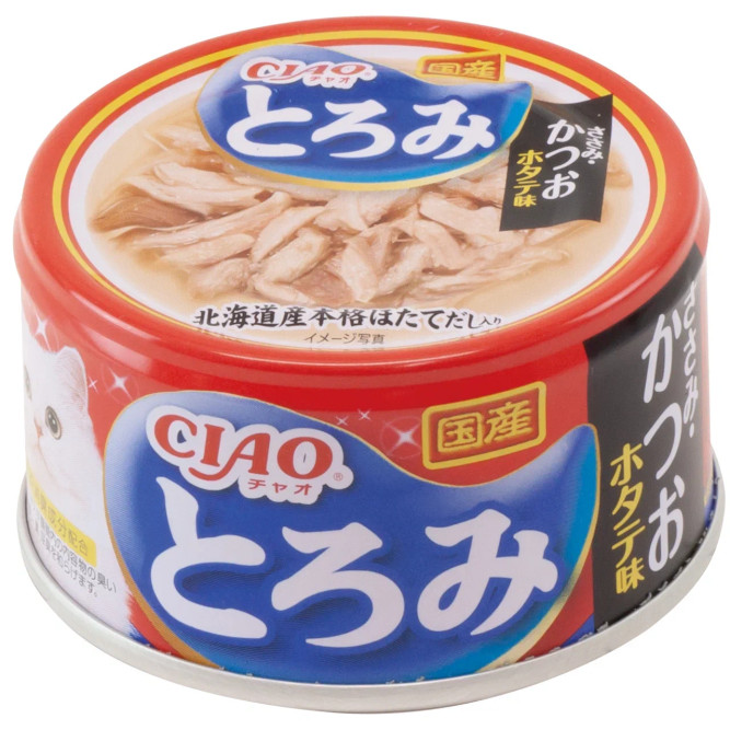 Inaba Ciao Toromi влажный дополнительный корм для взрослых кошек с куриным филе, тунцом Кацуо, со вкусом морского гребешка в бульоне, в консервах - 80 г х 24 шт