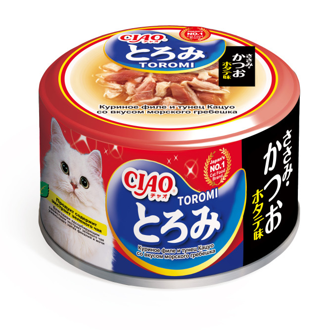 Inaba Ciao Toromi влажный дополнительный корм для взрослых кошек с куриным филе, тунцом Кацуо, со вкусом морского гребешка в бульоне, в консервах - 80 г х 24 шт
