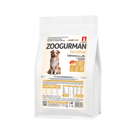 Зоогурман Sensitive сухой корм для взрослых собак мелких и средних пород при чувствительном пищеварении с лососем и рисом - 1,2 кг