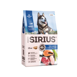 Sirius сухой корм для взрослых собак всех пород при повышенной активности, с тремя видами мяса и овощами - 15 кг