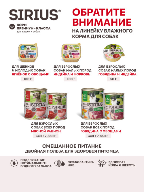 Sirius сухой корм для взрослых собак всех пород при повышенной активности, с тремя видами мяса и овощами - 15 кг