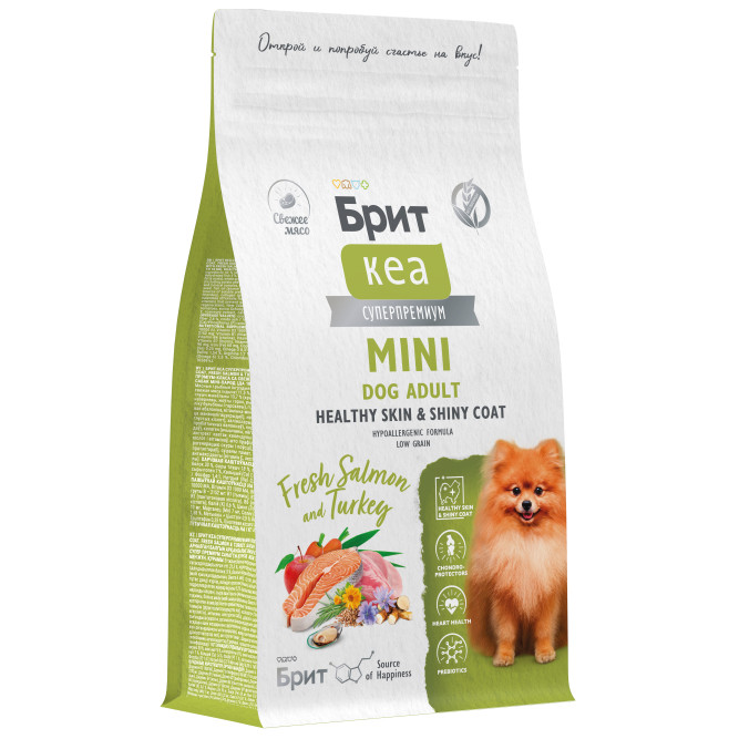 Брит Кеа Мини Dog Adult Healthy Skin&amp;Shiny Coat сухой корм для взрослых собак мини пород  для кожи и шерсти с лососем и индейкой - 1,5 кг