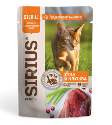 Sirius влажный корм для взрослых стерилизованных кошек с уткой и клюквой в соусе, в паучах - 85 г х 24 шт