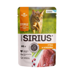 Sirius влажный корм для взрослых стерилизованных кошек с уткой и клюквой в соусе, в паучах - 85 г х 24 шт